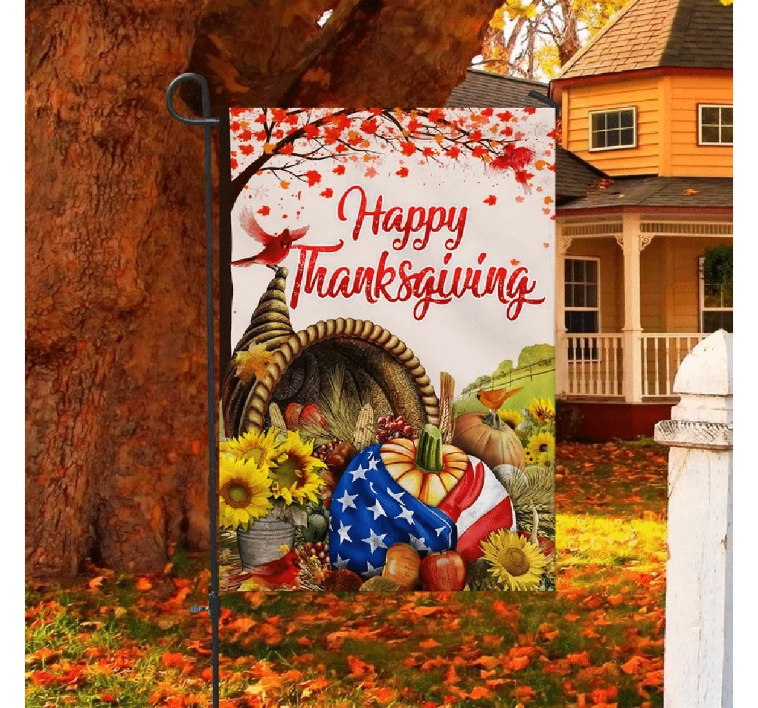 American Patriotic Pumpkins Happy Thanksgiving Autumn Harvest, Thanksgiving Fall Rustic Country Printed Both-Sides, UV And Fade - Resistant Flag