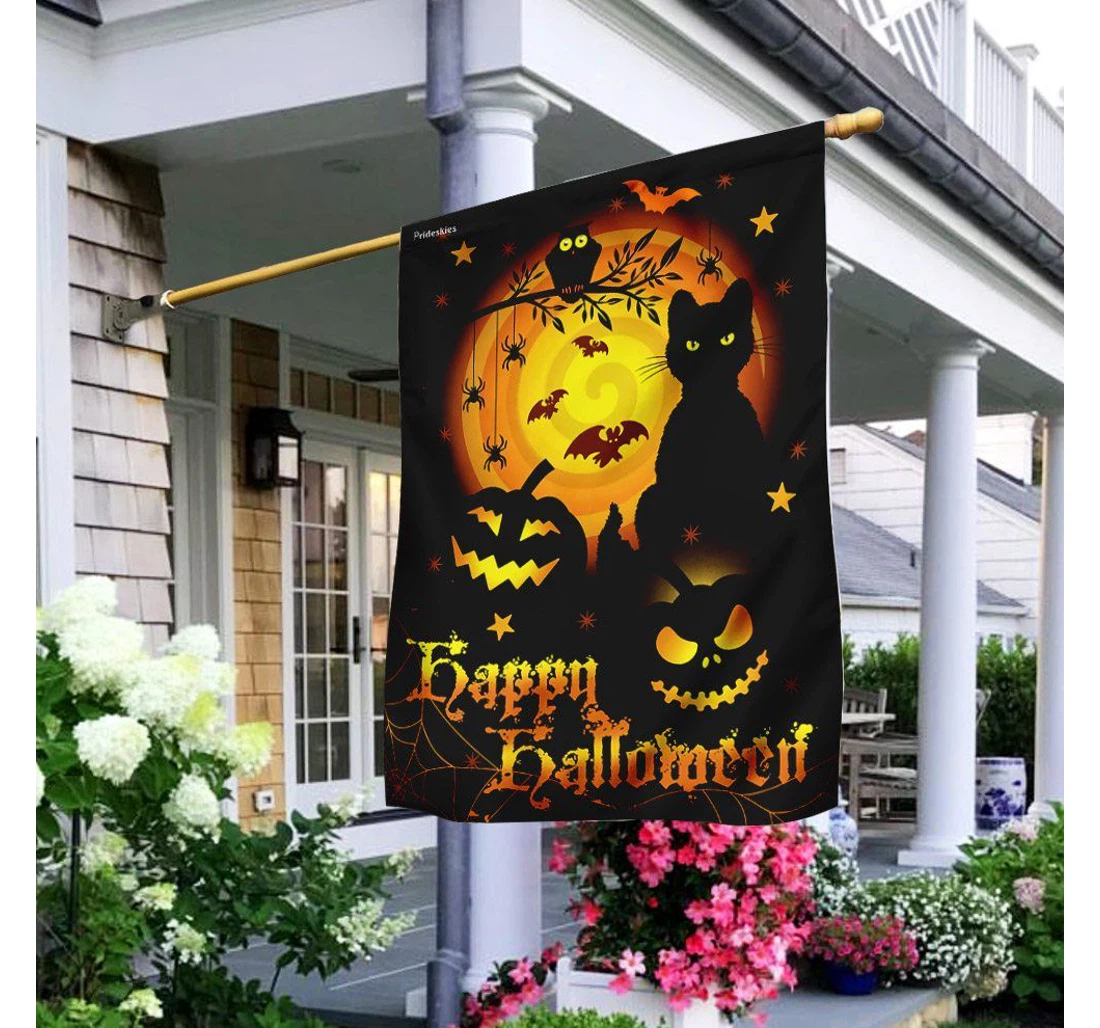 Halloween Happy Halloween Black Cat And Pumpkin Black Printed Both-Sides, UV And Fade - Resistant Flag