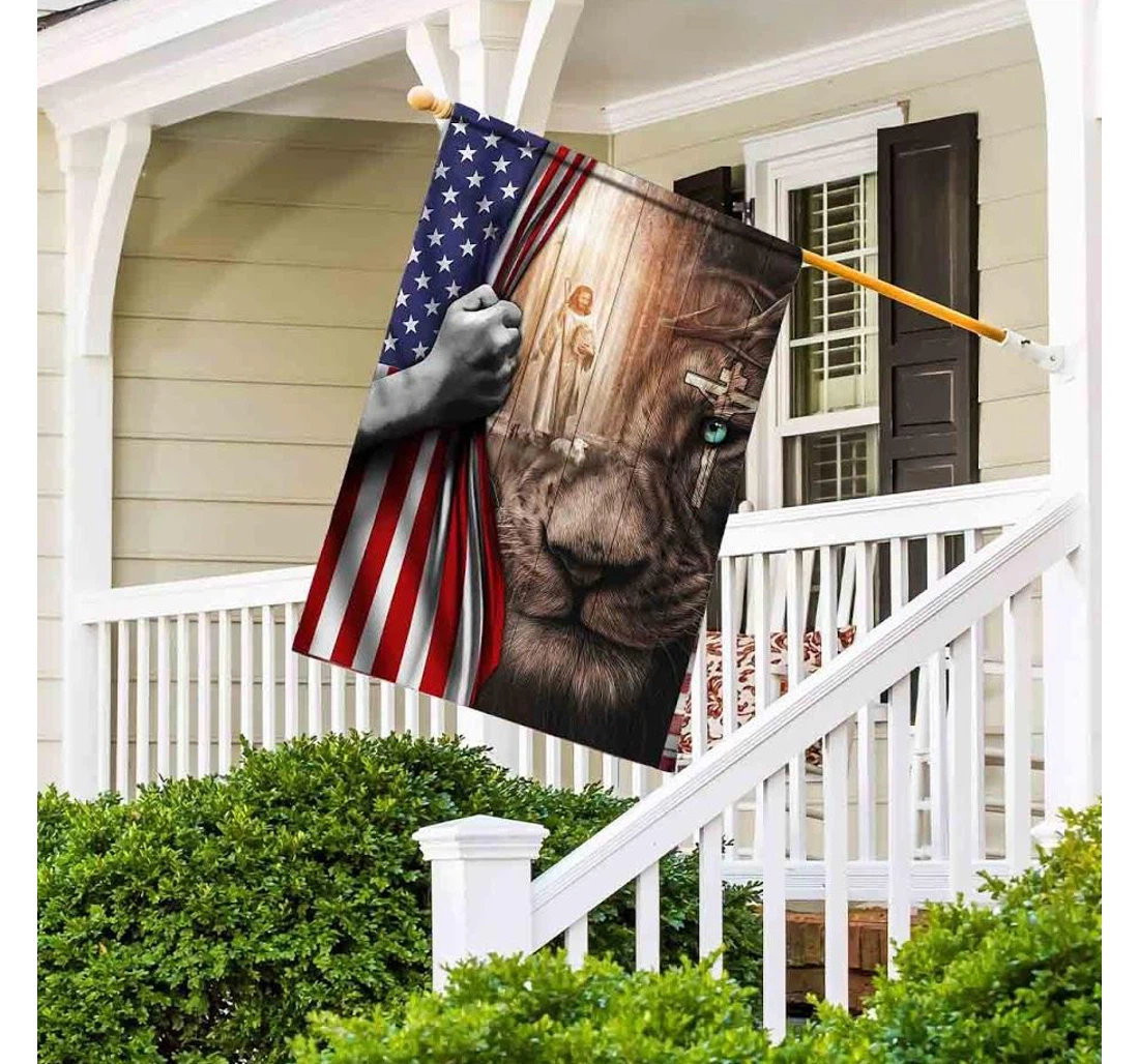 Jesus Jesus Holding Lamb In The Eye Of Lion American Printed Both-Sides, UV And Fade - Resistant Flag