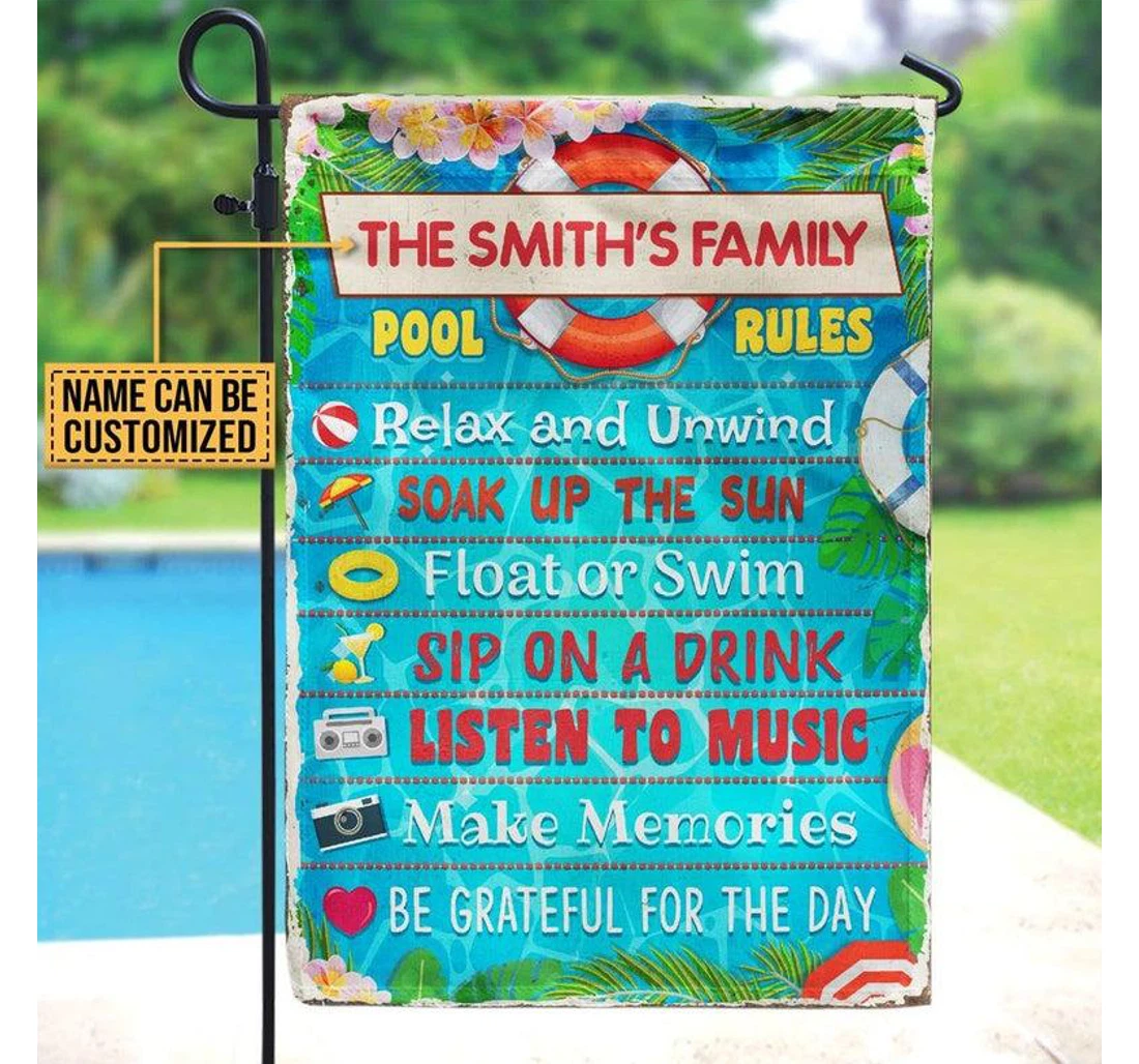 Custom Name Summer Vacation Pool Rules Double-Sided, UV And Fade - Resistant Flag
