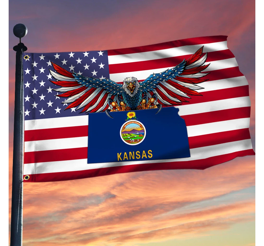 Kansas Kansas American Eagle Grommet Trl1566gfv2 Happy Independence Day 4th Of July America Outdoor, Patriotic Printed Both-Sides, UV And Fade - Resistant Flag