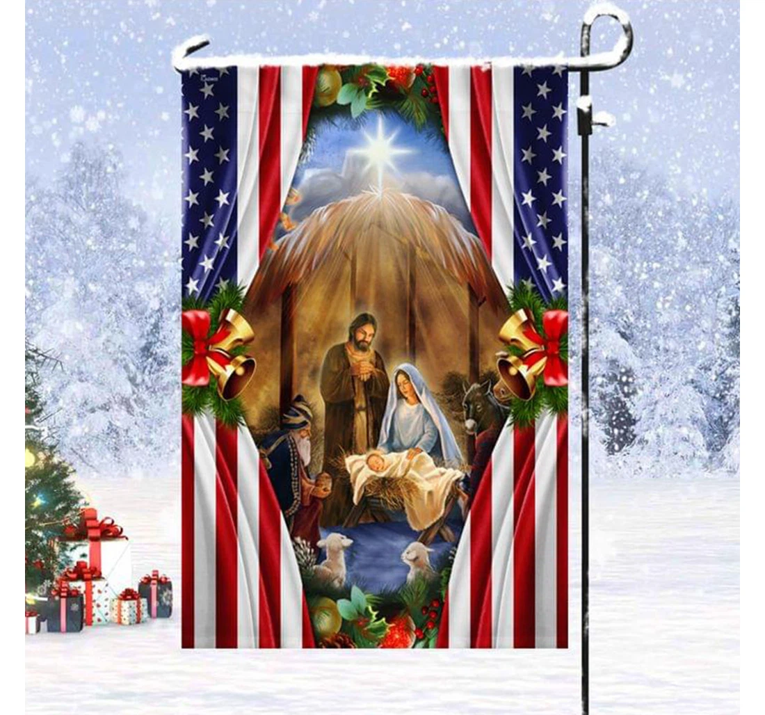 Jesus Is Born Nativity Inside American Christian Merry Christmas Printed Both-Sides, UV And Fade - Resistant Flag