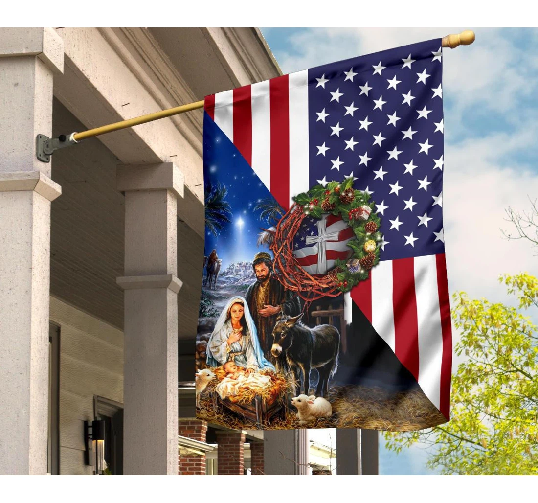 Cross Jesus Borned With American Christmas Wreath Christian Christmas Printed Both-Sides, UV And Fade - Resistant Flag