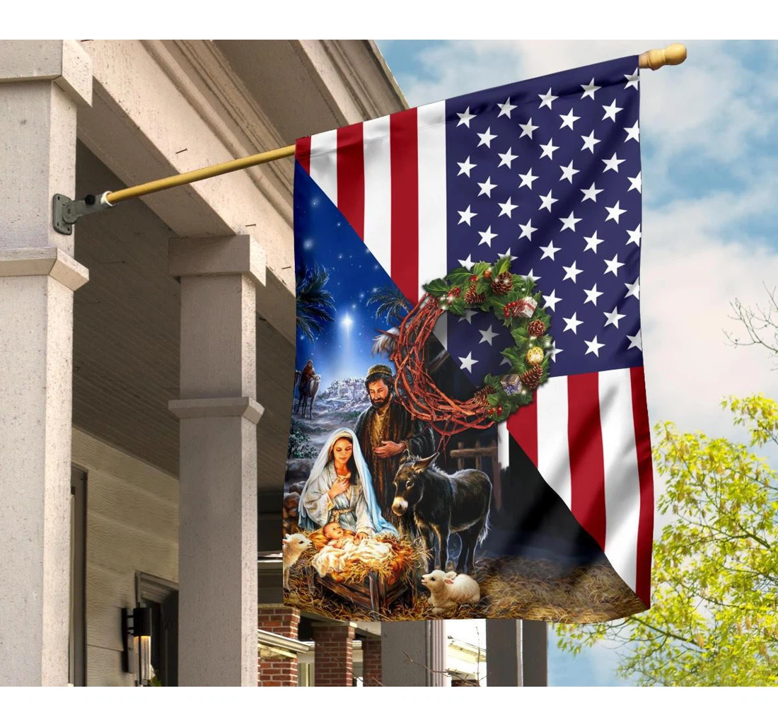 Christmas Wreath Jesus Borned With Usa Religious Christmas Printed Both-Sides, UV And Fade - Resistant Flag