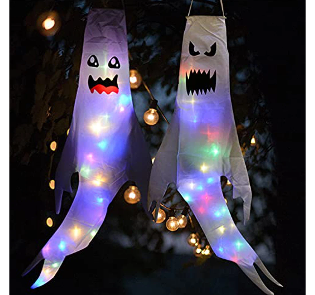 Halloween Ghost Windsocks With Led Light Large Ghost Spook Ghost Hanging Printed Both-Sides, UV And Fade - Resistant Flag
