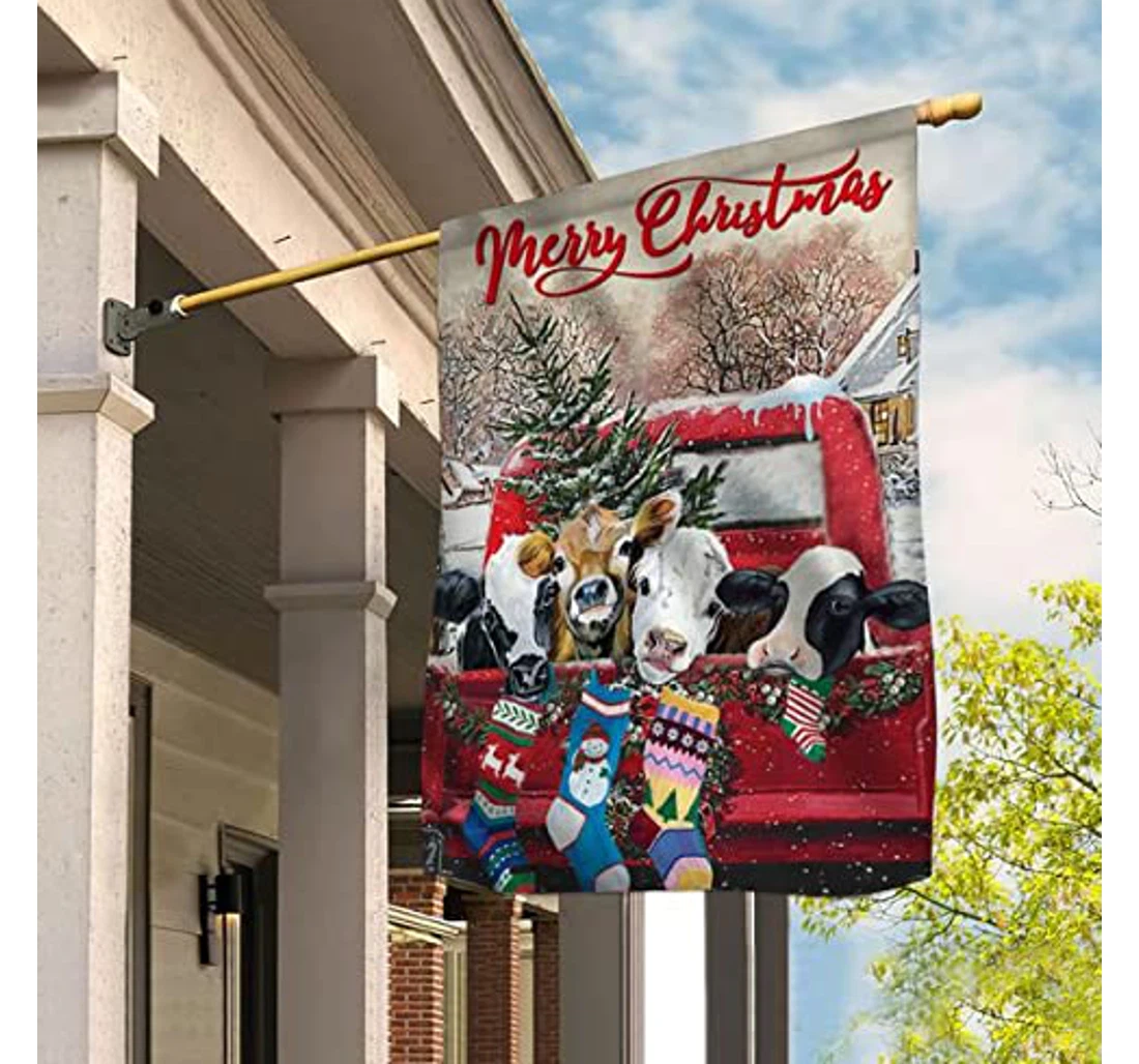 Cow Christmas Sized, Christmas Lawn Seasonal Printed Both-Sides, UV And Fade - Resistant Flag