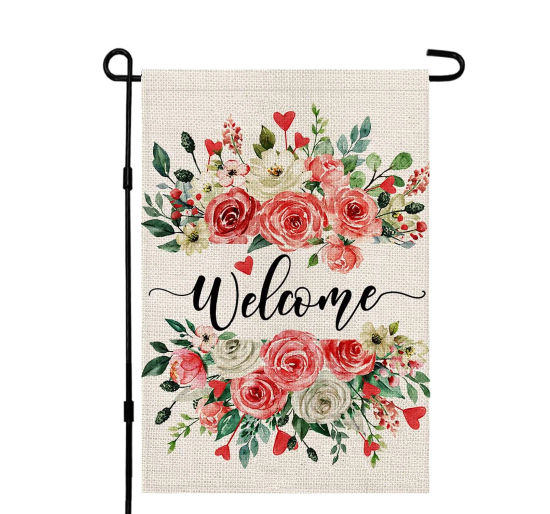 Happy Valentines Day Floral Rustic Seasonal Printed Both-Sides, UV And Fade - Resistant Flag
