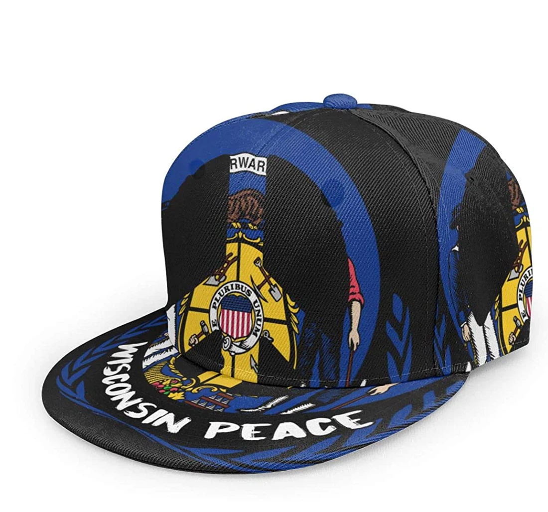 Personalized Wisconsin Flag Peace Snapback Flat Bill Hip Hop Hats Unisex Snapback, Classic Baseball Cap