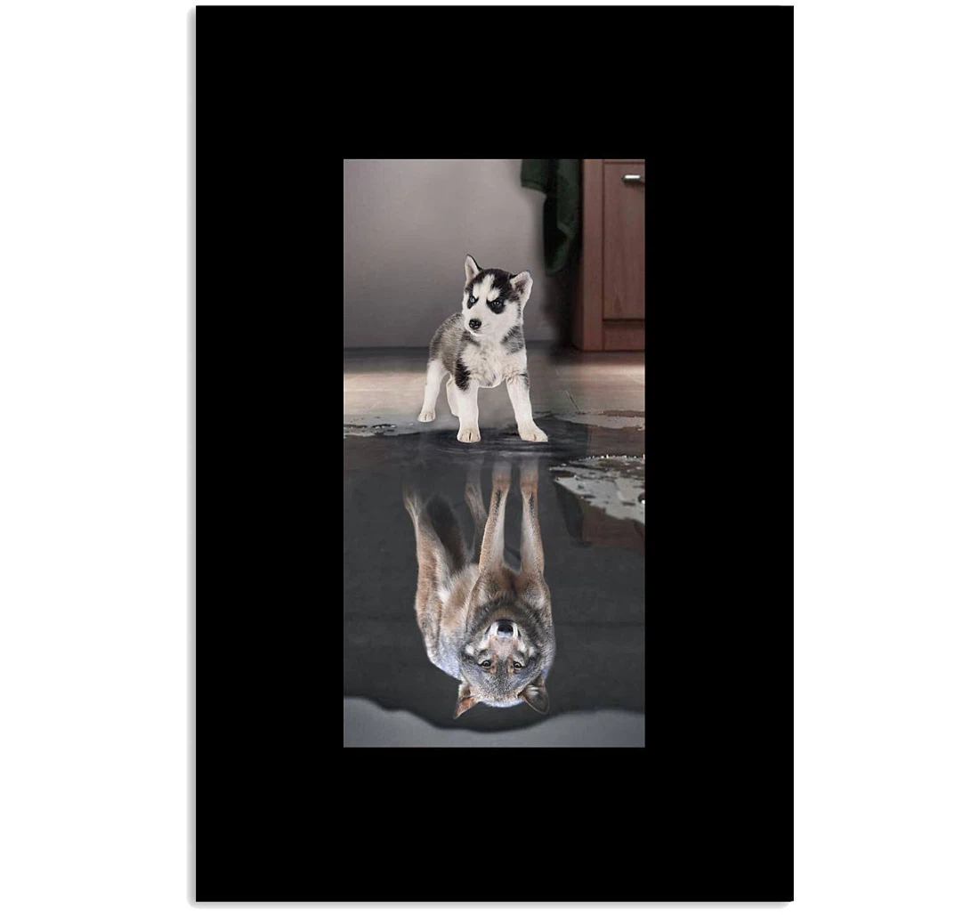 Poster, Canvas - Dog Reflection In Water Trending Siberian Husky Lovers Vertical Print Framed Wall Art
