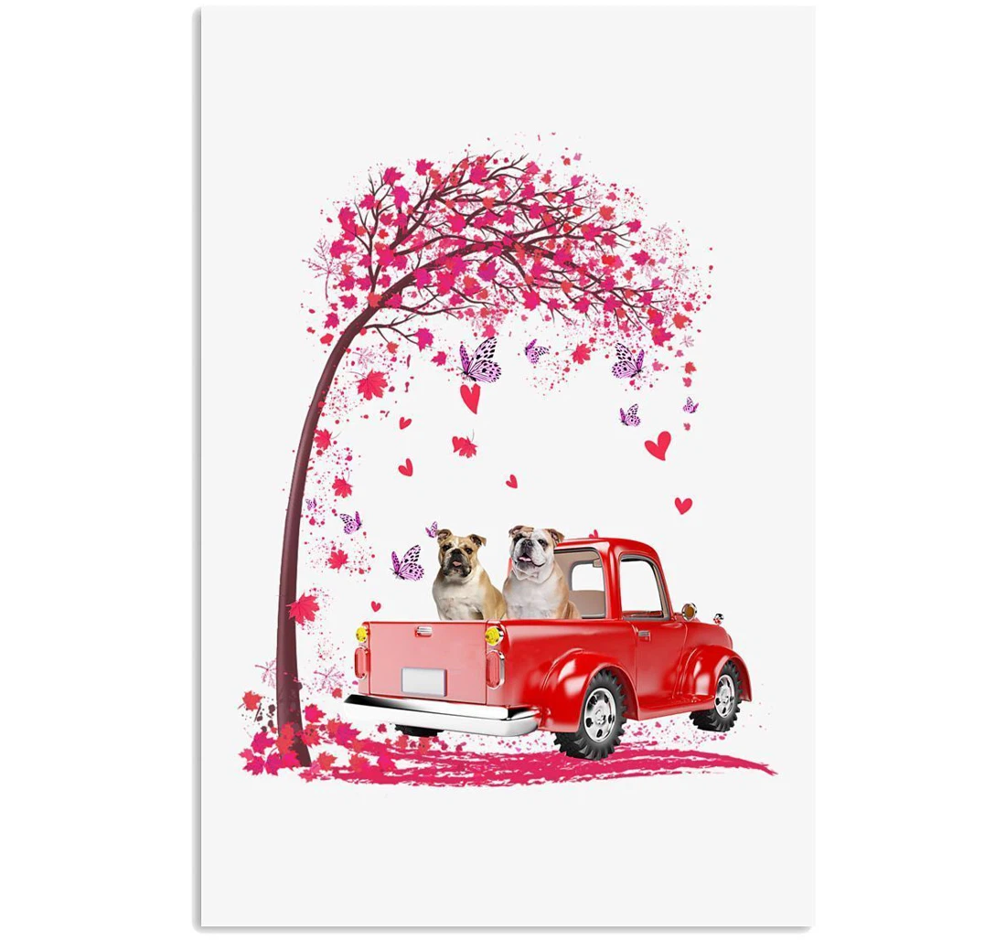 Poster, Canvas - Bulldog Pink Heart Car Happy Valentine's Day Vertical Print Framed Wall Art