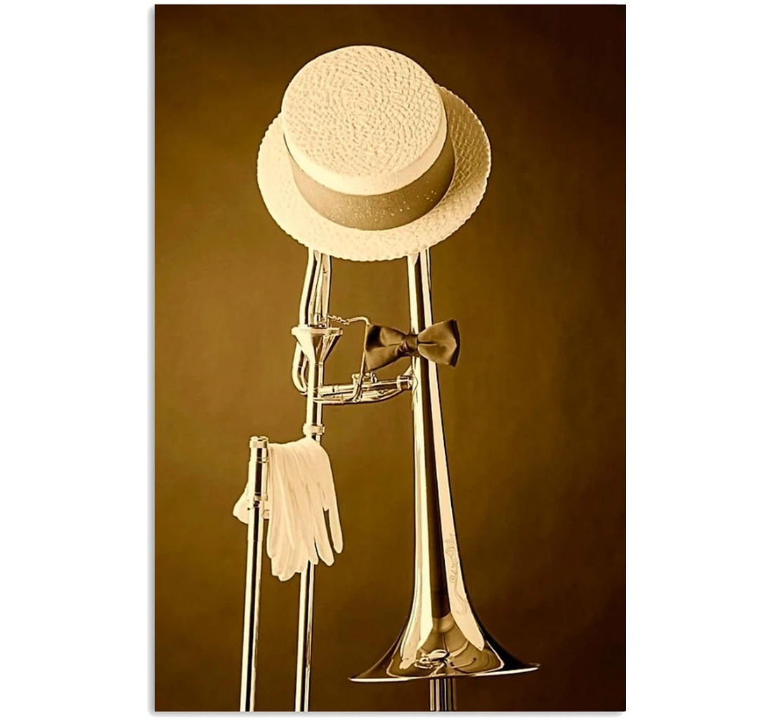 Poster, Canvas - Hat On Trombone Trending Music Instrument Lovers Vertical Print Framed Wall Art