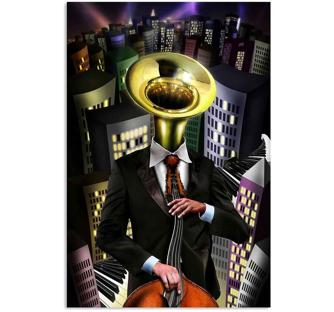 Poster, Canvas - A Man Is Playing Tuba In The City Trending Music Instrument Lovers Vertical Print Framed Wall Art
