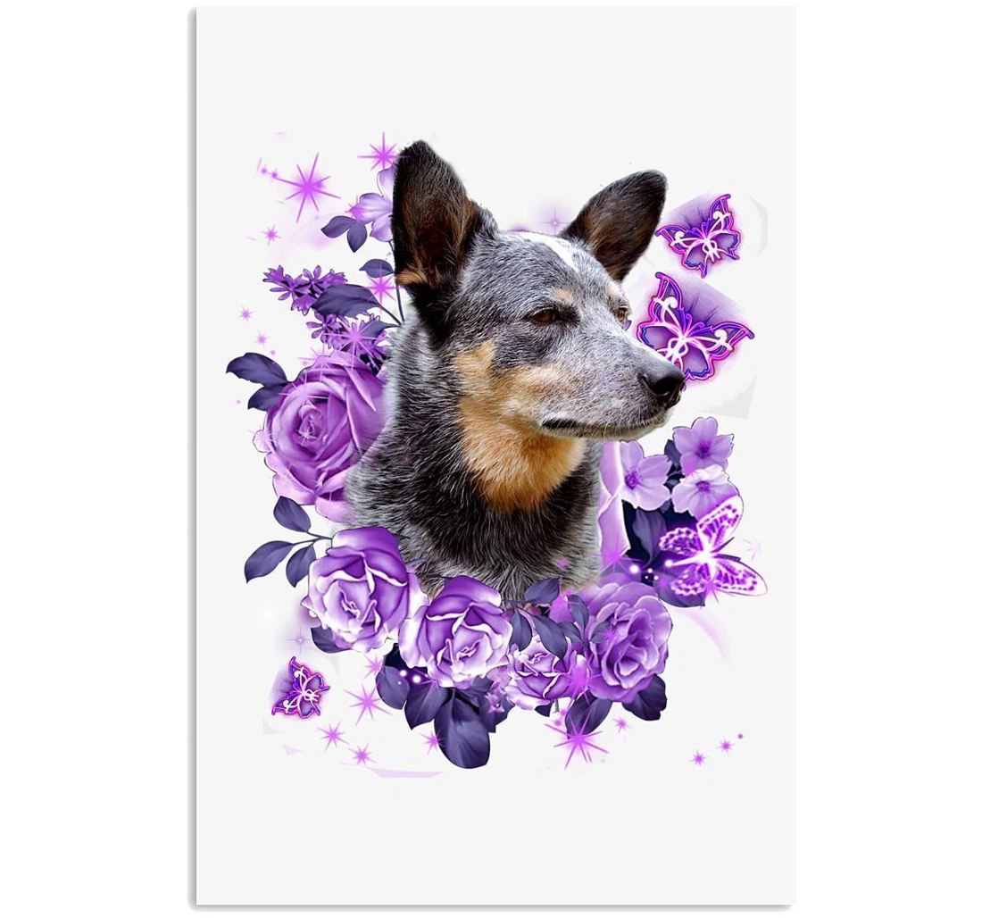 Poster, Canvas - Vintage Funny Heeler Purple Flowers Birthday Dog Lovers Vertical Print Framed Wall Art