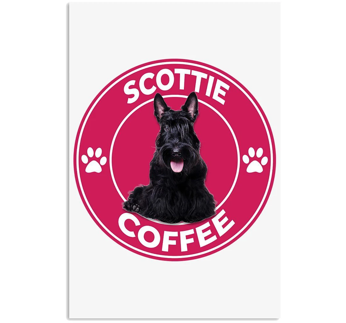 Poster, Canvas - Lovely Coffee Cup Scottish Terrier Coffee Pink Birthday Dogs Lovers Vertical Print Framed Wall Art