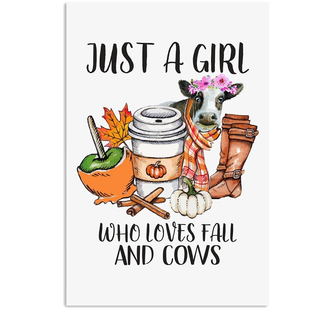 Poster, Canvas - Girl Loves Cows And Fall Funny Trending Shirt Vertical Print Framed Wall Art