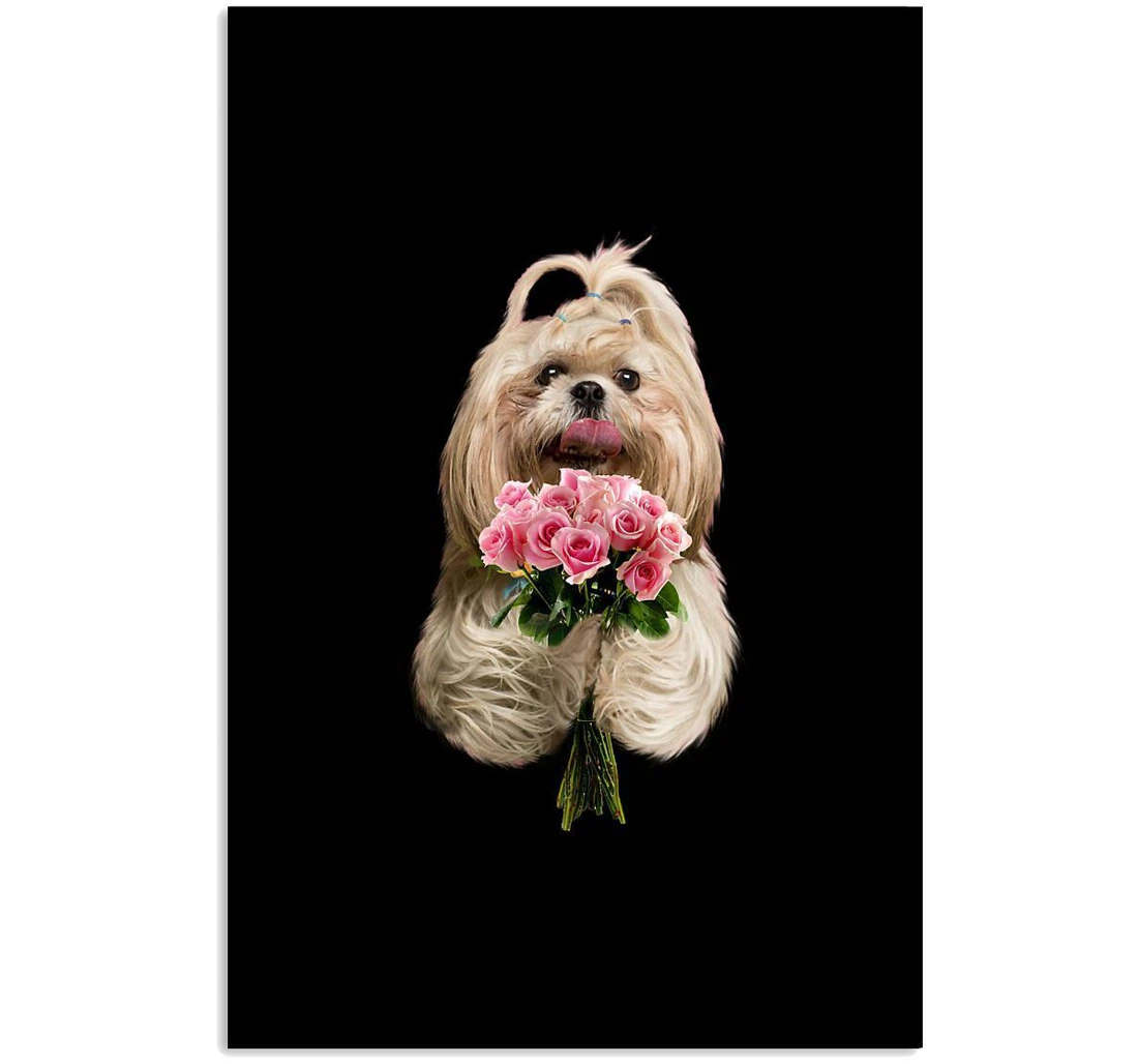 Poster, Canvas - Lovely Coffee Cup Shih Tzu Rose Pink Birthday Dog Lovers Vertical Print Framed Wall Art