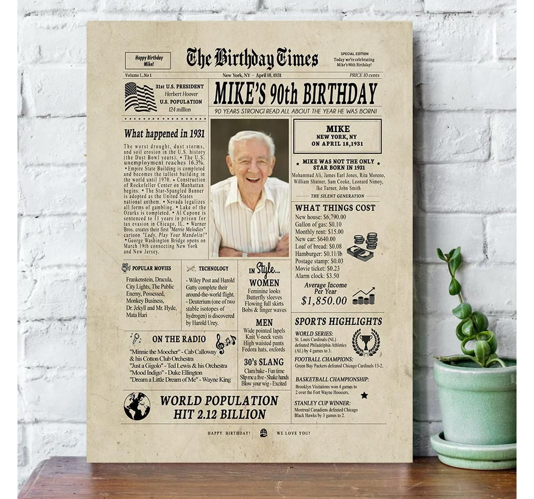 Poster, Canvas - Birthday 90th Newspaper Custom Name Vertical Grandpa Print Framed Wall Art