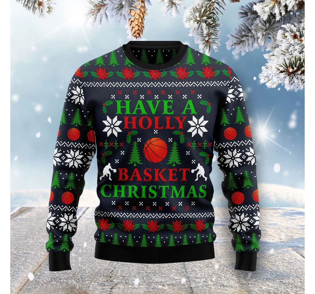 Personalized Holly Basket Basketball Christmas Ugly Christmas Sweater Pefect Gift - 3D Printed Pullover Hoodie