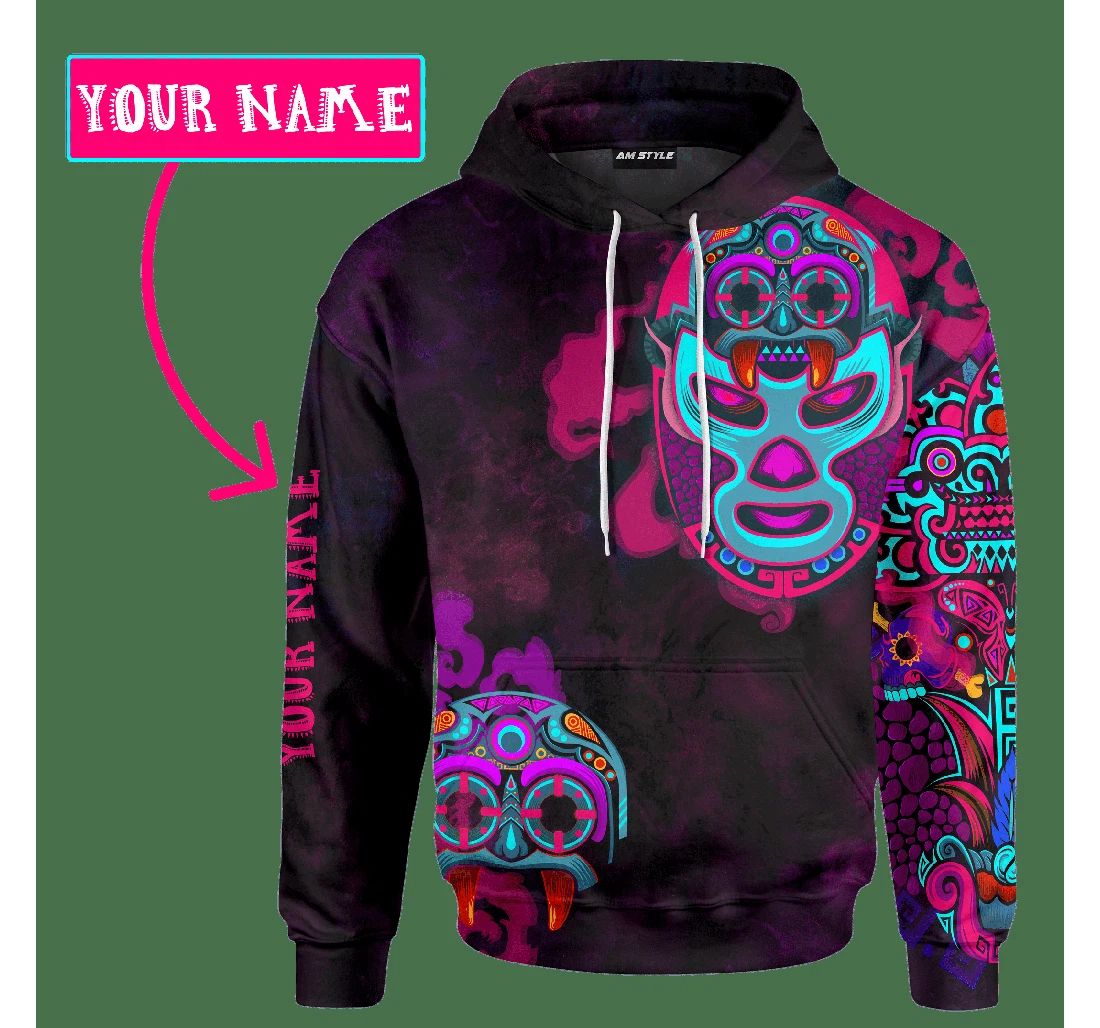 Personalized Aztec Tlaloc Mexican Wrestling Mask Neon Mexican Mural Art Customized - 3D Printed Pullover Hoodie