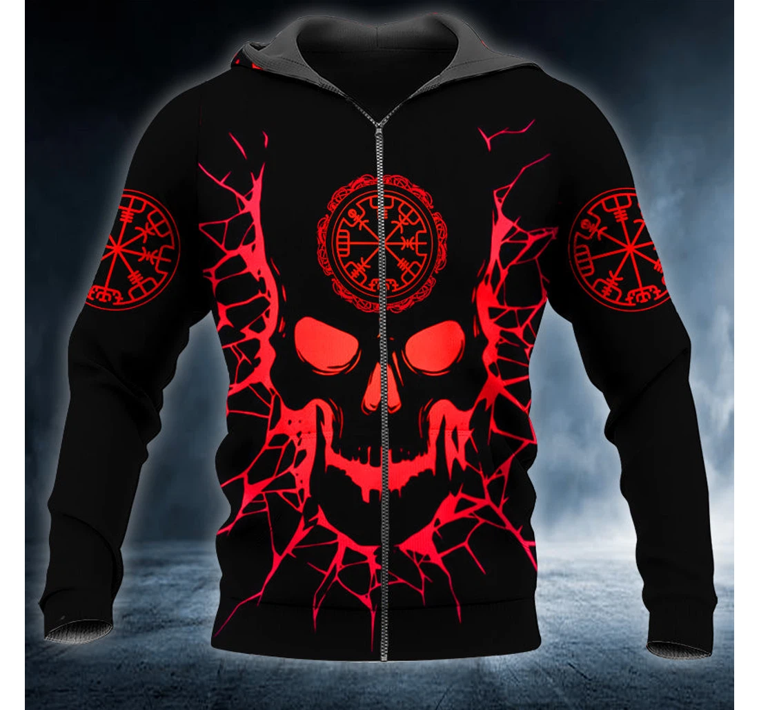 Personalized Red Viking Compass Flame Skull - 3D Printed Pullover Hoodie