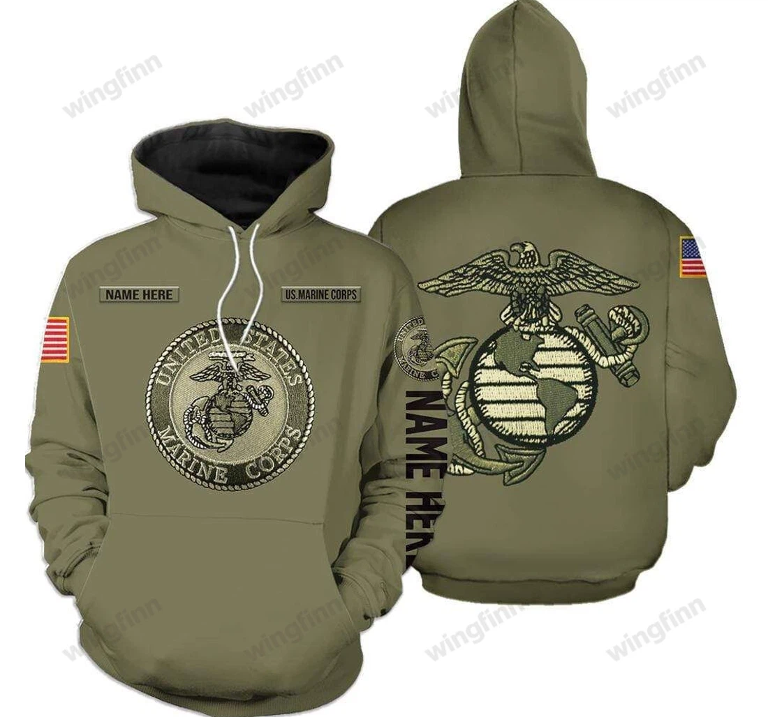 Personalized Custom Name Us Marine Corps Olive V - 3D Printed Pullover Hoodie