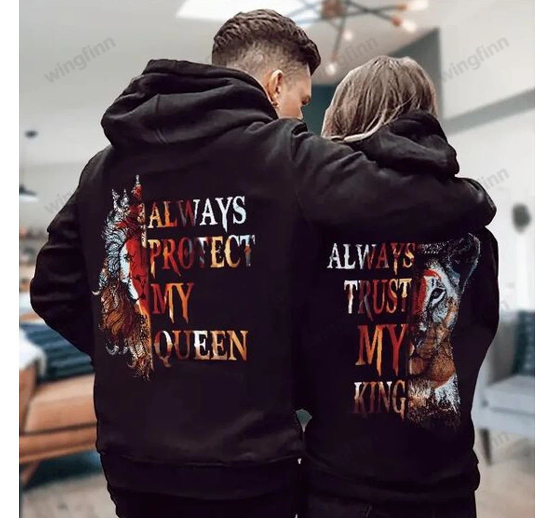Personalized Lion Couple Always Protect My Queen Always Trust My Queen Gift Valentine Hd - 3D Printed Pullover Hoodie (Please note to choose "King" or "Queen")