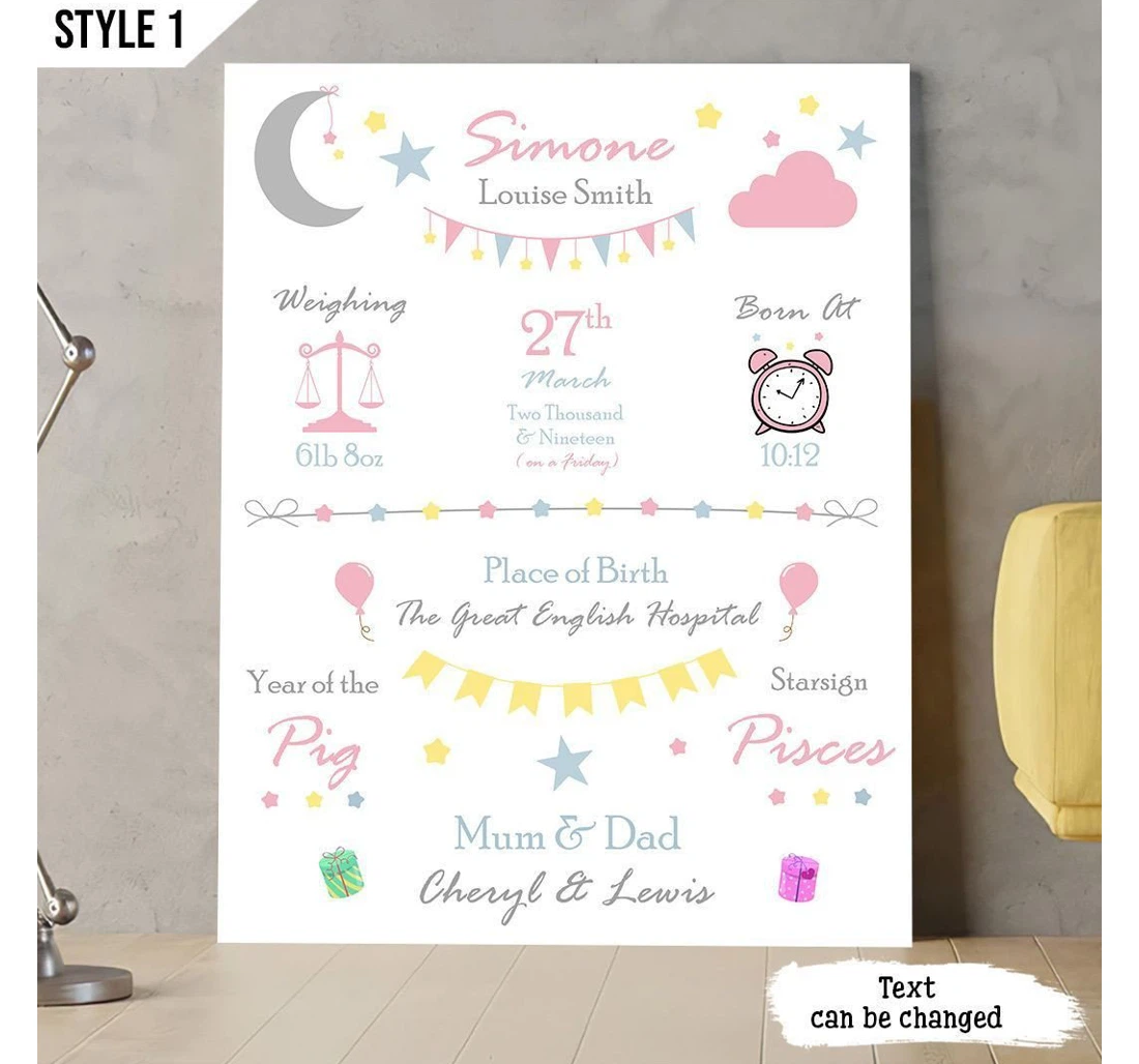 Poster, Canvas - Personalised New Born Baby Birth Vertical Print Framed Wall Art