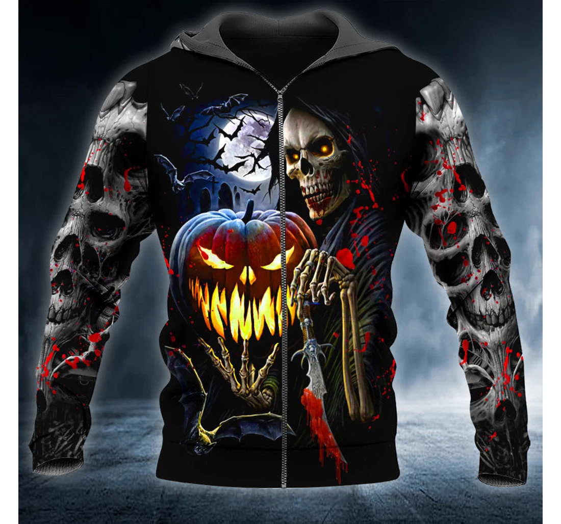 Personalized Zip Hoodie - Halloween Pumkin Hunter Skull - 3D Printed