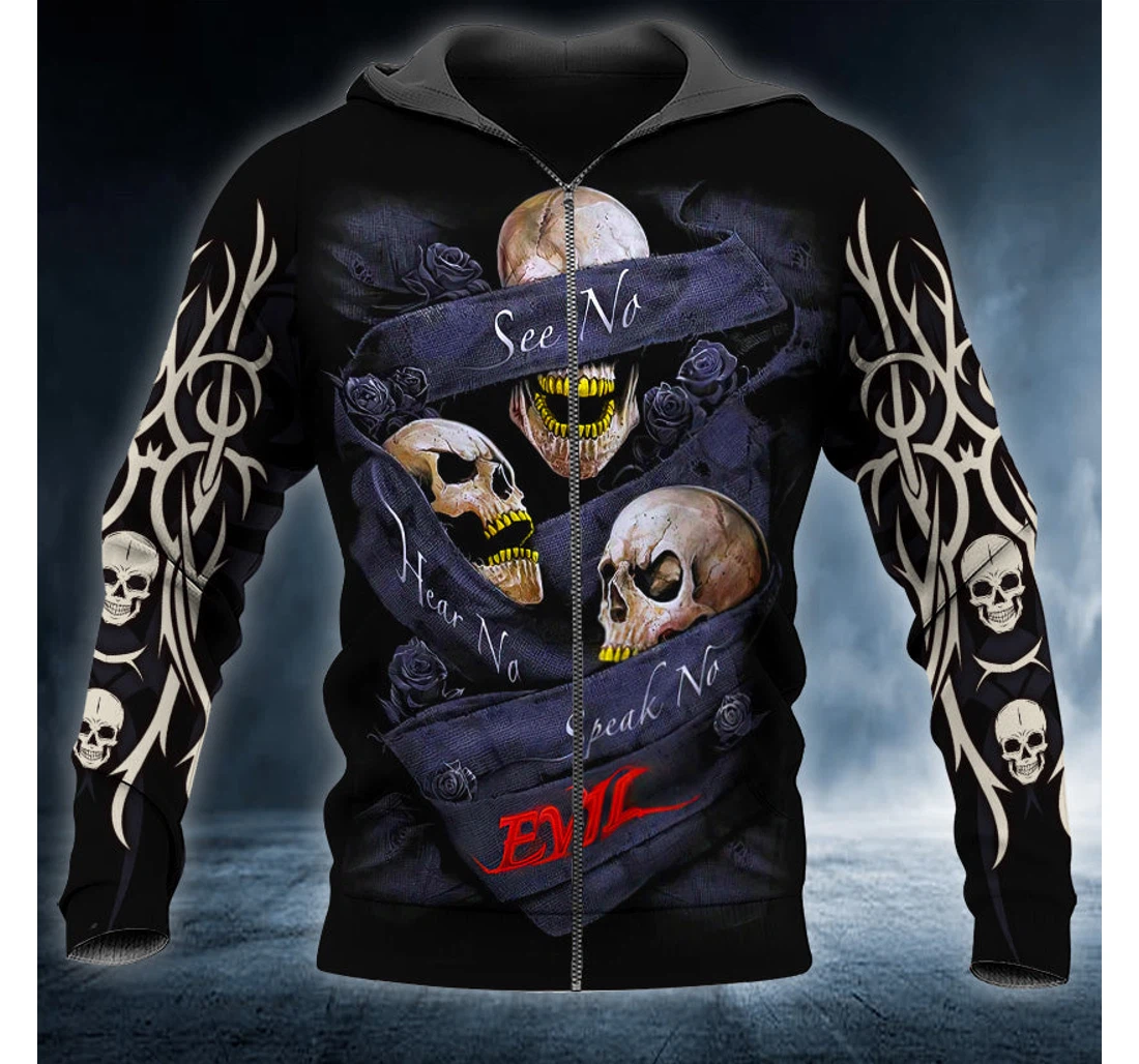 Personalized Zip Hoodie - No See No Hear No Speak Devil Skull - 3D Printed