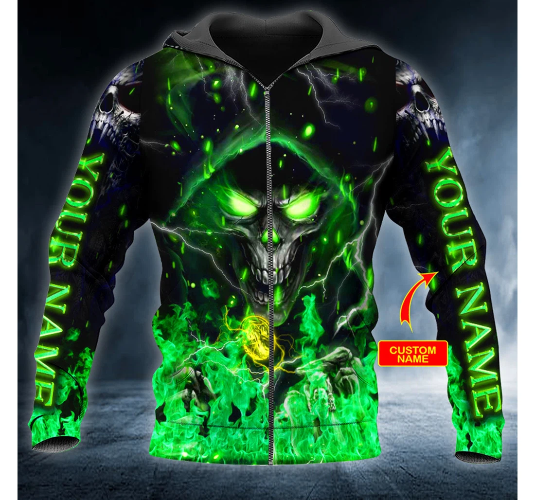 Zip Hoodie - Neon Green Grim Reaper Personalized - 3D Printed