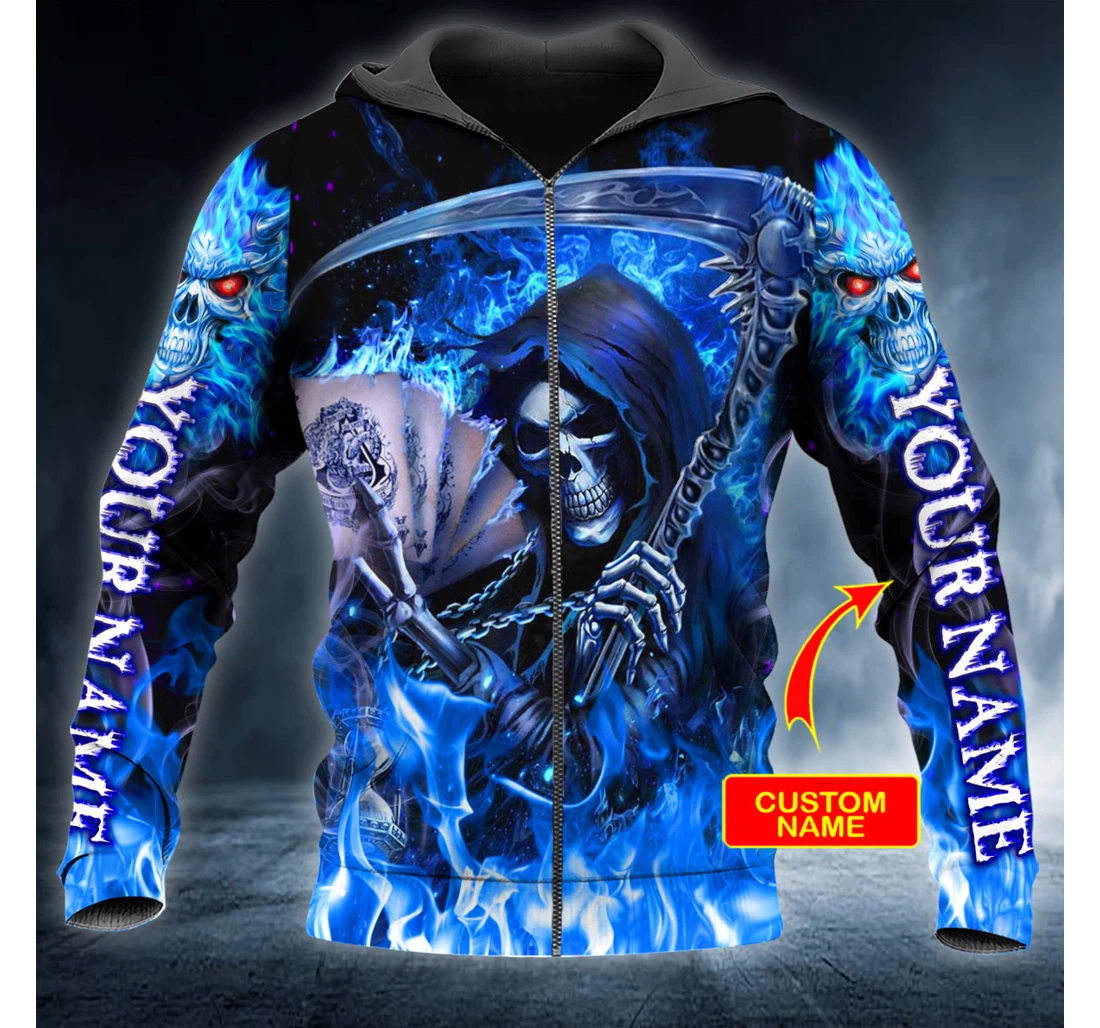 Grim Reaper Blue Fire Lightning Skull Custom Name All Over Print