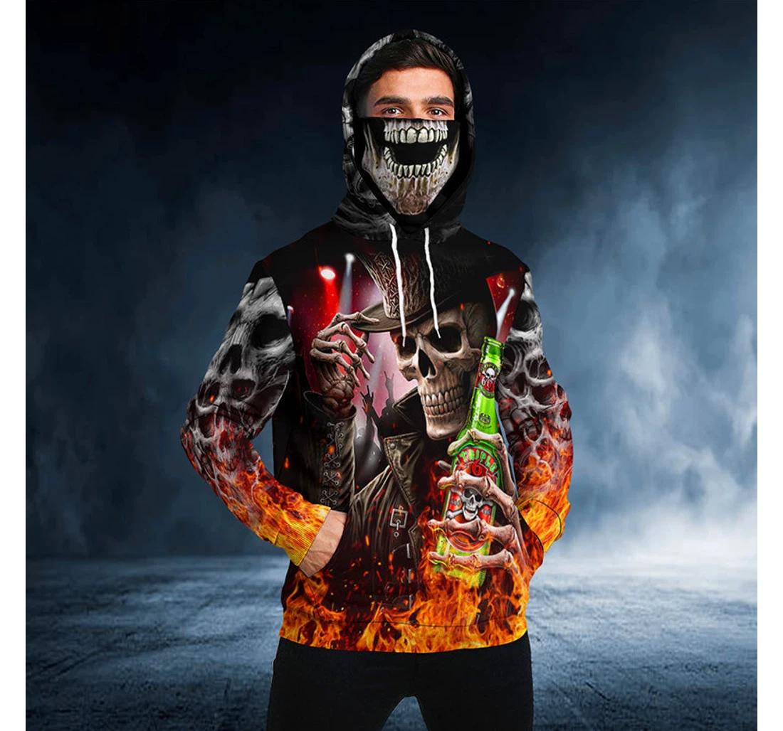 Personalized Punk Rock Heavy Metal Drinker Cowboy Fire Skull Bandana - 3D Printed Pullover Hoodie