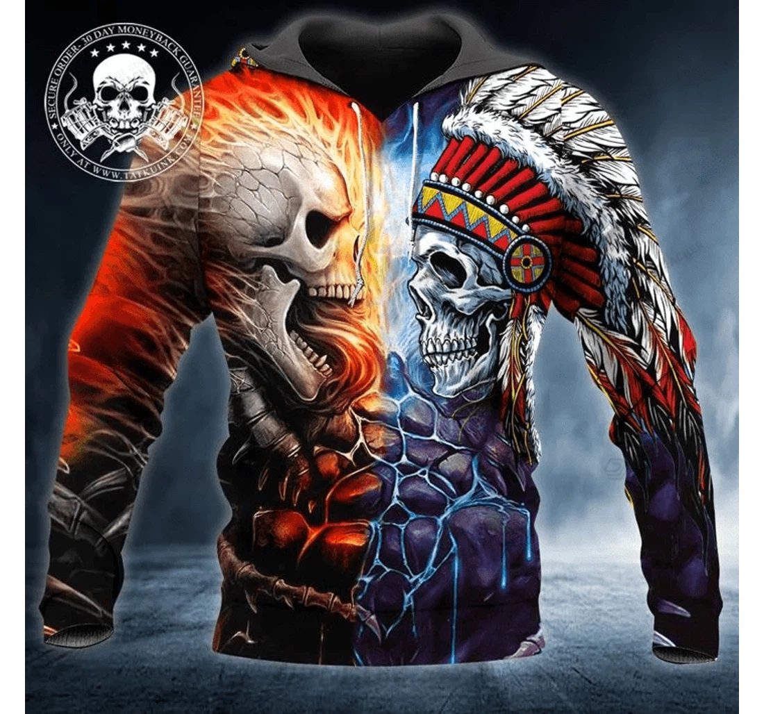 Personalized Skull Native American Fire & Water All Zip- Up - 3D Printed Pullover Hoodie