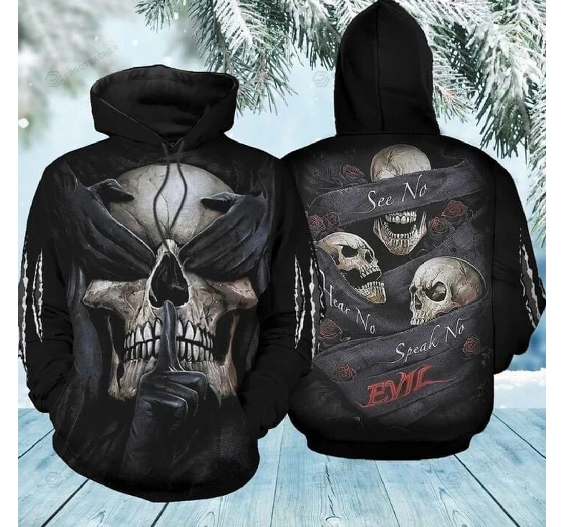 Personalized Skull See No Hear No Speak No Halloween - 3D Printed Pullover Hoodie