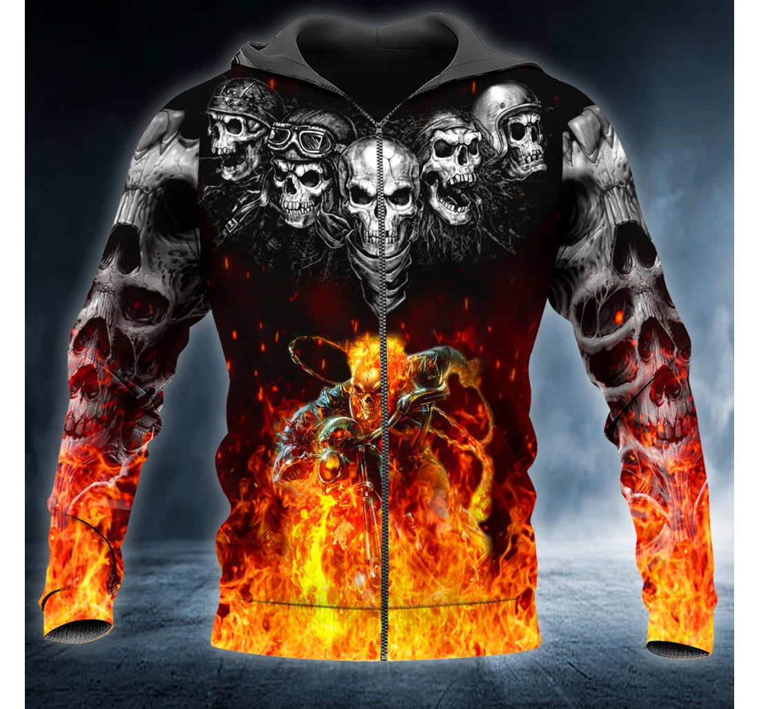 Personalized Zip Hoodie - Mad Rider Fire Biker Skull - 3D Printed