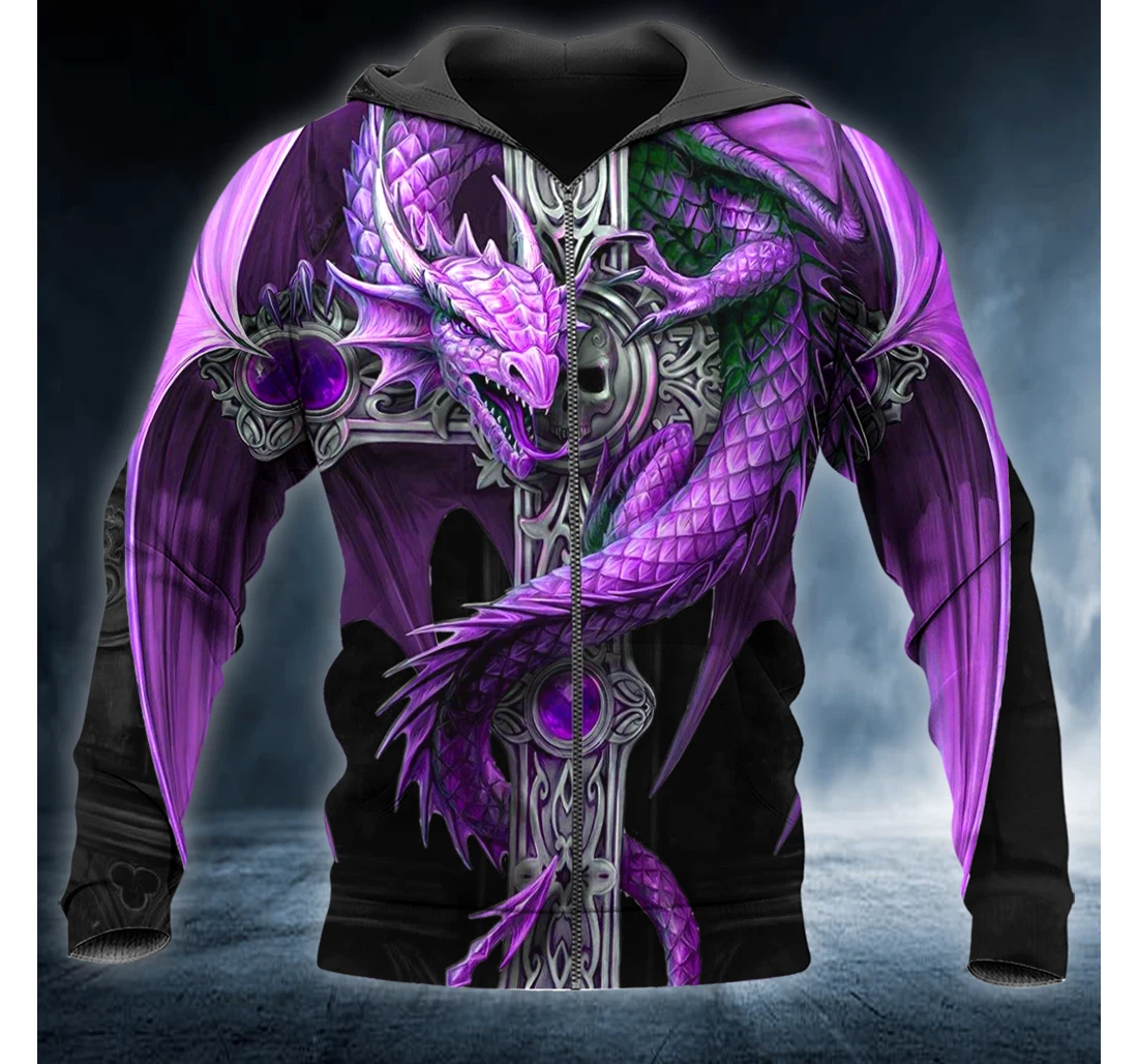 Personalized Zip Hoodie - Purple Winged Dragon On Cross Sword Skull Bandana - 3D Printed