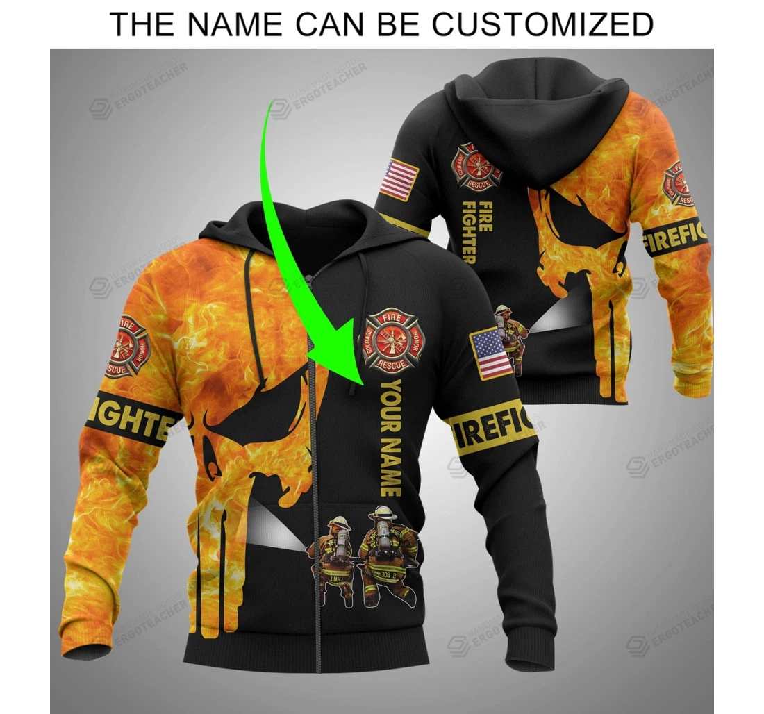 Personalized Custom Name Punisher Skull Us Firefighter - 3D Printed Pullover Hoodie