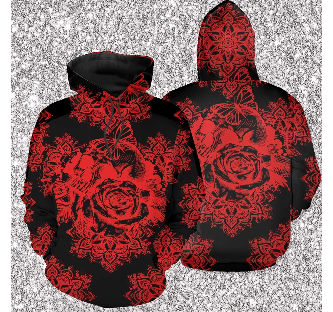 Personalized Red Rose Skull Butterfly Sk-3dh-ps - 3D Printed Pullover Hoodie