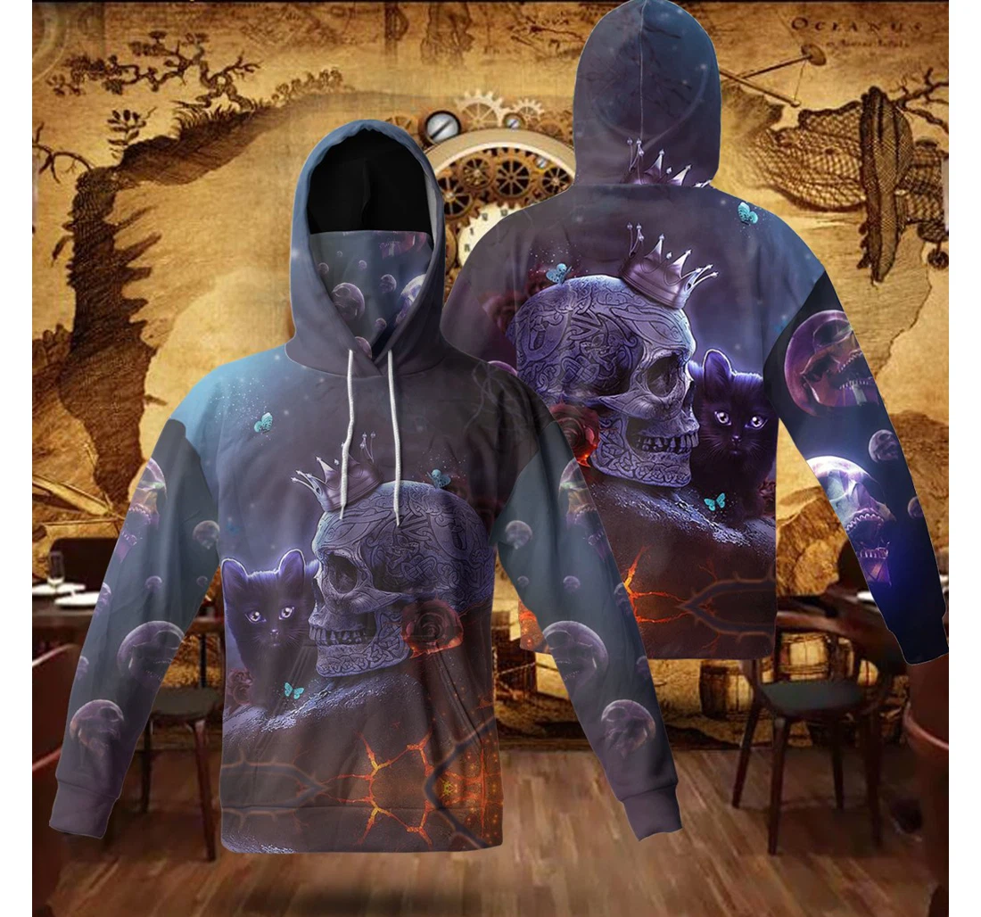 Personalized Skull Cat Horror With Mask Sk-3hm-0t - 3D Printed Pullover Hoodie