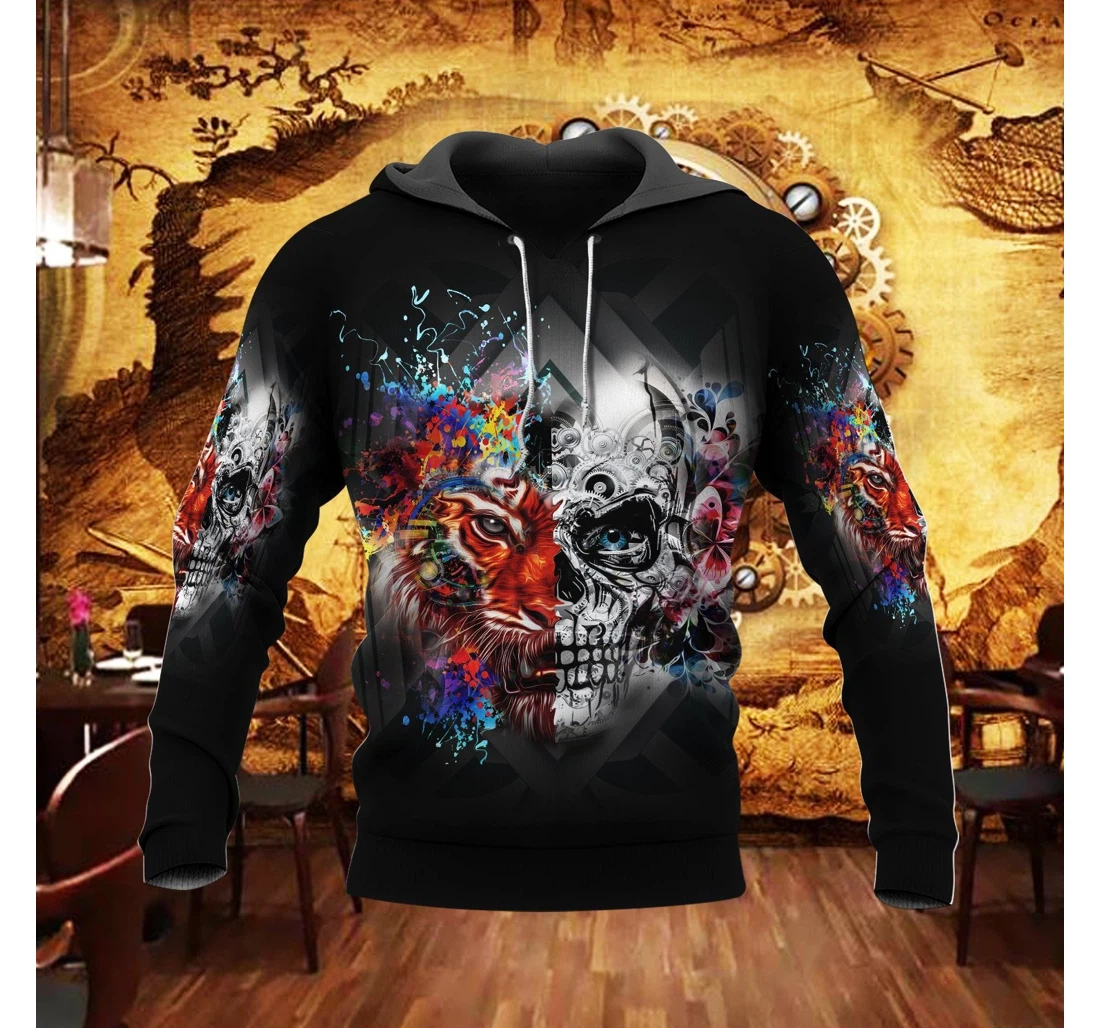 Personalized Skull With Tiger Colorful Sk-3dh-0k - 3D Printed Pullover Hoodie