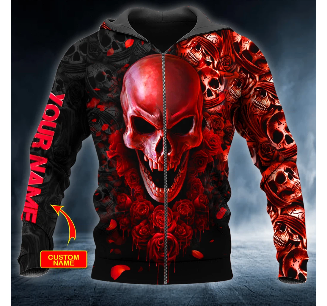 Zip Hoodie - Red Roses See Hear Speak No Evil Skull Personalized - 3D Printed
