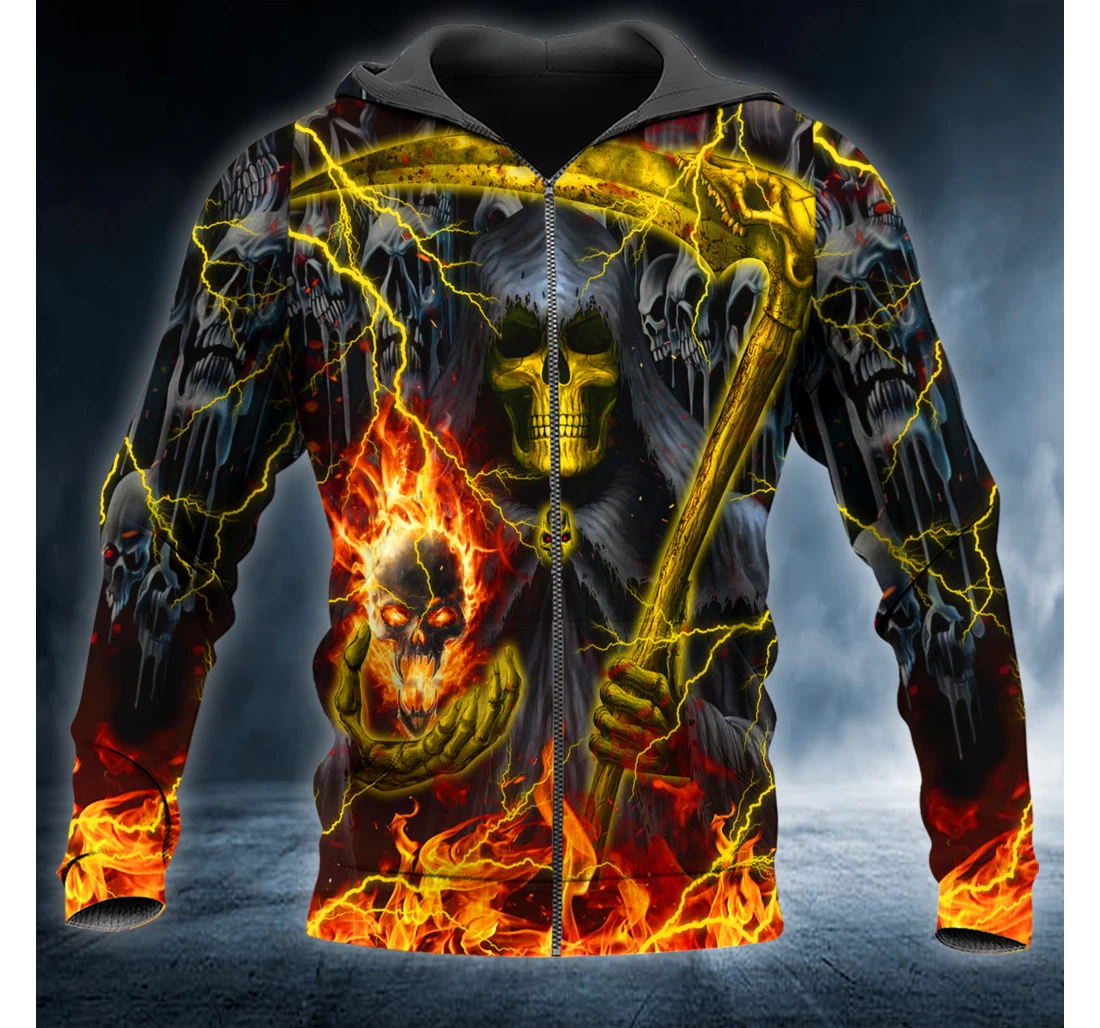 Personalized Zip Hoodie - Scythe Of Death Grim Reaper Fire Skull - 3D Printed
