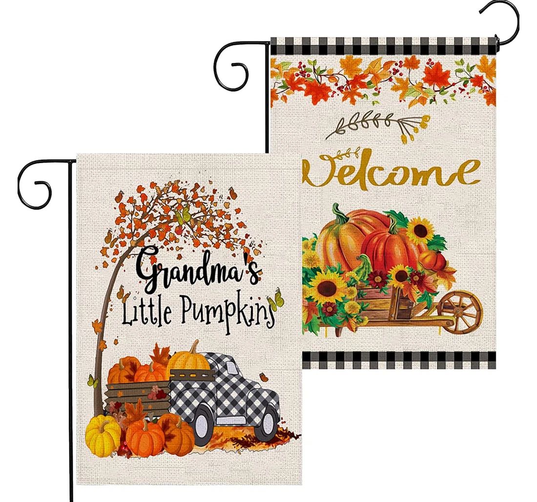 Pc Fall Hello Pumpkin Sunflower Truck Autumn Thanksgiving Day Printed Both-Sides, UV And Fade - Resistant Flag