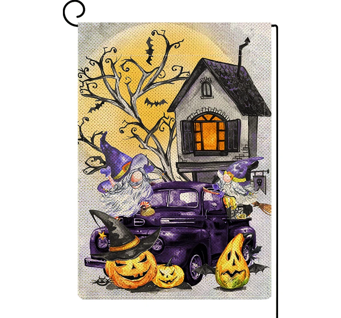 Ortigia Halloween Jack O Lantern Pumpkins Gnomes Halloween Purple Truck Witch Seasonal Fall Seasonal Printed Both-Sides, UV And Fade - Resistant Flag