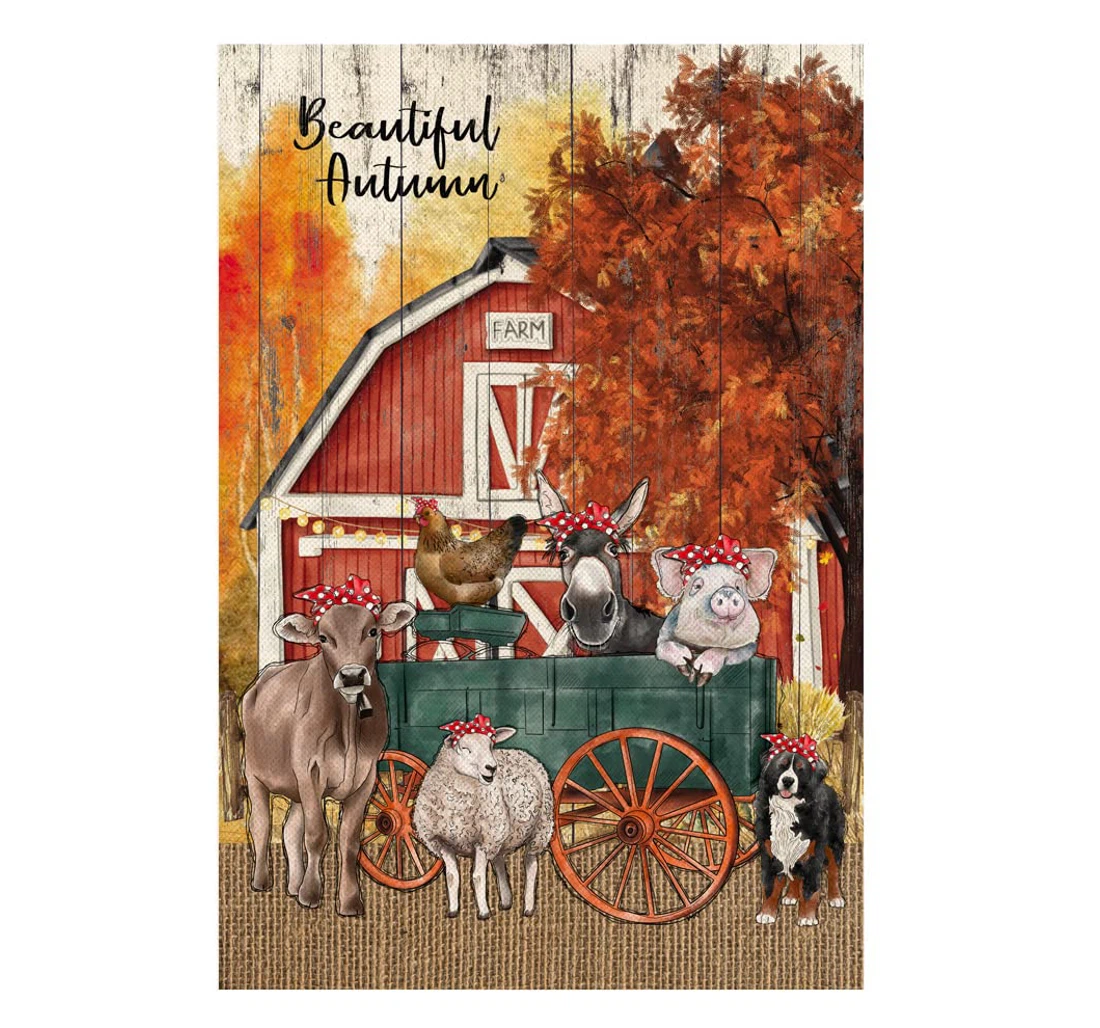 Fall Tree Red Barn Farm Animals Wagon Autumn Printed Both-Sides, UV And Fade - Resistant Flag