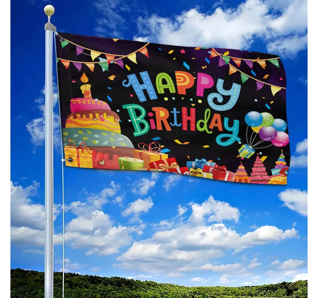 Happy Birthday Birthday Celebration Balloons Birthday Cake, Birthday Big Cake Colorful Balloon Printed Both-Sides, UV And Fade - Resistant Flag