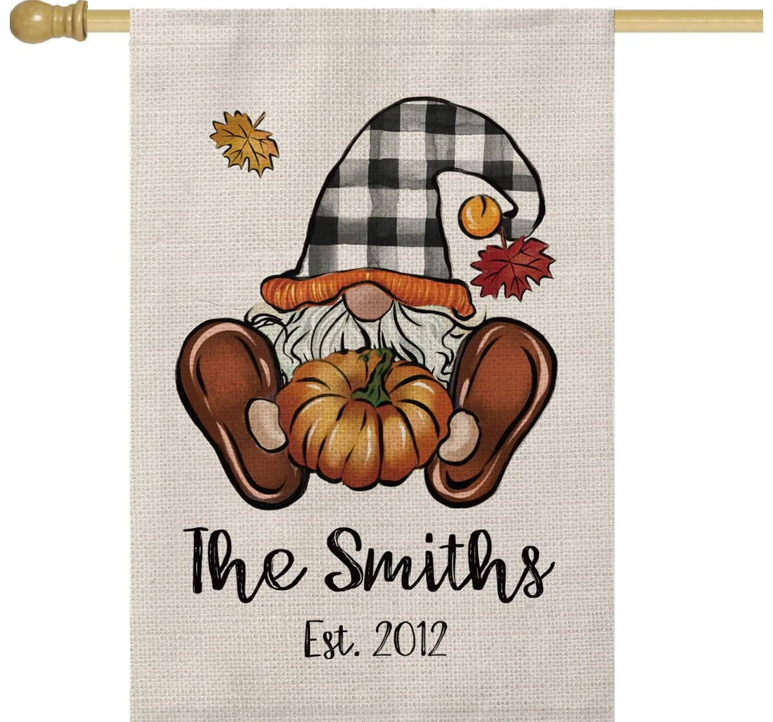 Smile Personalized Fall Gnome Pumpkin Custom Family Last Name And Established Year, Rustic Printed Both-Sides, UV And Fade - Resistant Flag