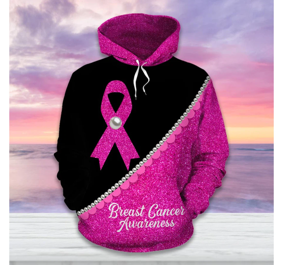 Personalized Pink Ribbon Pearls Breast Cancer Awareness - 3D Printed Pullover Hoodie