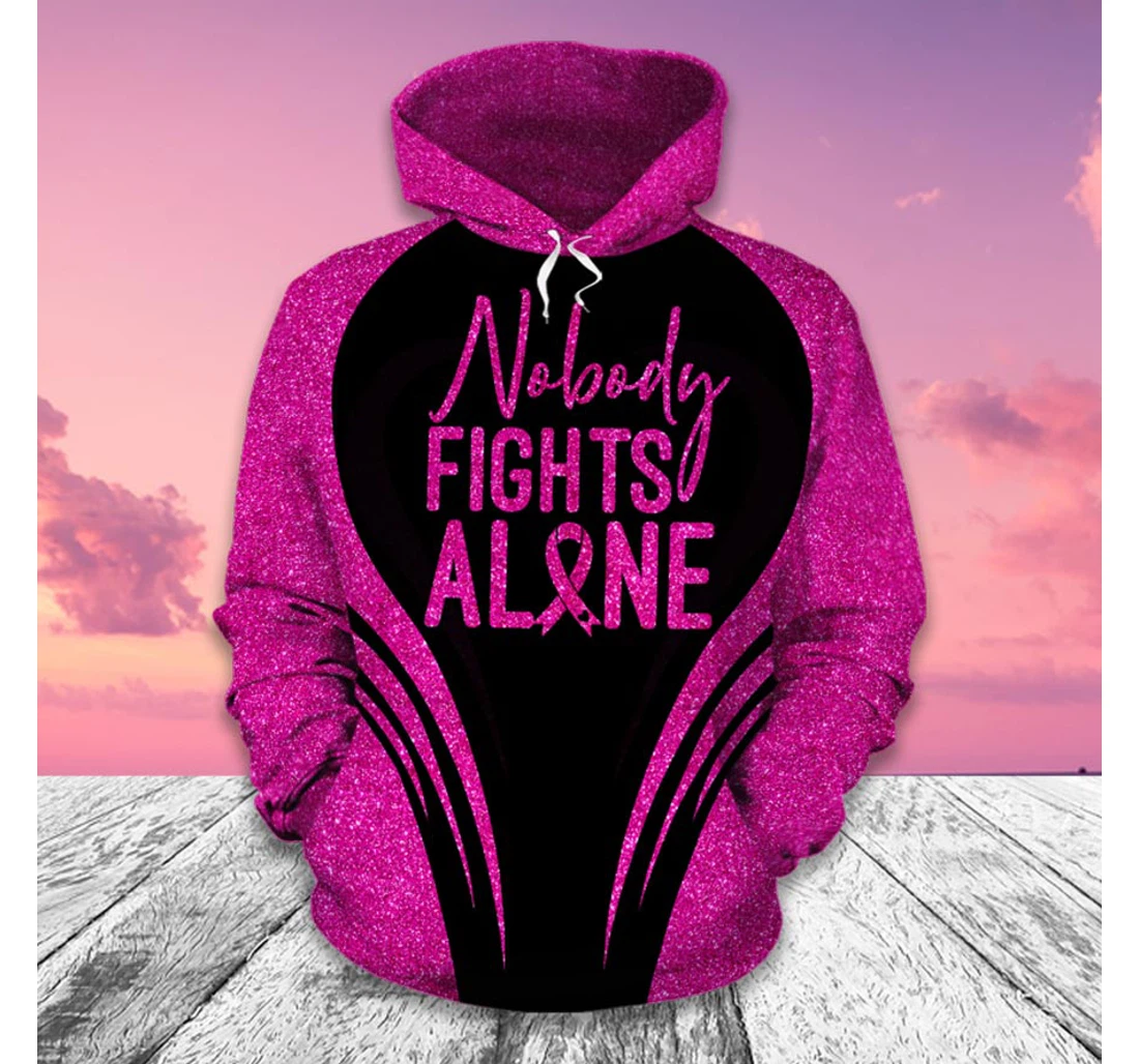 Personalized Nobody Fights Alone Breast Cancer Awareness - 3D Printed Pullover Hoodie
