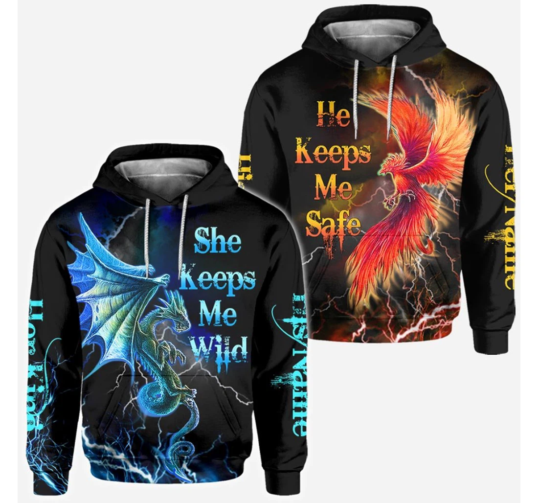 His Queen Her King Couple Personalized Dragon - 3D Printed Pullover Hoodie